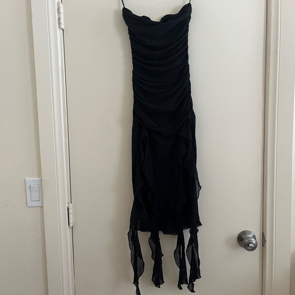 Strapless Ruched Asymmetrical Midi Dress XXS Sheer Fairy Grunge Whimsigoth Party